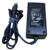 Close-up top view of the Logic Controls PB8000 power supply adapter, showing the full specification label with model number GPE652-12500W, 12V 5A output, safety logos, and attached cable bundle with a 4-pin connector.