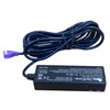 Side view of the black Verifone 24173-04-R multiport junction box showing COM 1 and COM 2 serial ports alongside the coiled cable and purple terminal adapter against a white background.