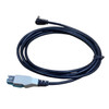 Angled side view of the bundled Verifone CBL445-040-02-A cable displaying the grey and teal latching terminal connector in the foreground and a right-angle power plug attached to the coiled black cord on a plain white background.