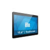 ngled three-quarter front view from the left side showing the sleek commercial design and bezel-free glass front of the Elo I-Series 4 touch display.