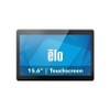 Front view of the black 15.6-inch Elo I-Series 4 Android touchscreen computer display featuring a thin black bezel and a blue geometric graphic on the screen.