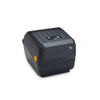 High-angle front view of the Zebra ZD220d direct thermal desktop printer in dark gray with yellow side release latches.