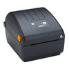 Close-up angled view highlighting the top control interface and yellow clamshell release latch of the Zebra ZD220d desktop barcode printer.