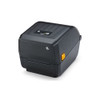 Angled front-right view of the Zebra ZD220t label printer showing the top status panel and yellow side release latch.