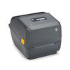 Angled front-side perspective of Zebra ZD421t thermal transfer printer showing side latch, closed media door, and status buttons.