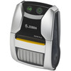 High-angle view looking down at the silver and charcoal Zebra ZQ310 Plus portable label printer, featuring the power and feed buttons and standard belt clip attachment point.