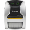 Straight-on front view of the Zebra ZQ310 Plus 2-inch mobile printer, showing the silver housing, black media cover, Zebra logo, and distinct yellow tear bar.