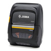 Angled front-side view of the durable Zebra ZQ511 direct thermal mobile printer highlighting its rubberized overmolded exterior housing and yellow release accent.