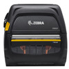 Frontal view of the durable black Zebra ZQ521 mobile direct thermal printer showing the serrated tear bar, media window, yellow latch, and Bluetooth branding.