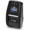 Angled perspective view of the Zebra ZQ610 Plus 2-inch mobile label printer highlighting the active color display, navigation keys, and media door latch.