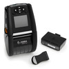 Zebra ZQ610 Plus mobile direct thermal barcode printer shown from an overhead angle with its removable PowerPrecision+ battery pack and black belt clip.