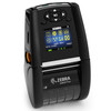 Front view of the black Zebra ZQ610 Plus mobile printer displaying the powered-on color LCD menu screen, navigation D-pad, Wi-Fi logo, and yellow media latch.