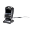 Three-quarter perspective view of the black Star Micronics BSD-40U presentation scanner on stand with trailing cable.