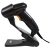 Three-quarter side view of the Star Micronics BSH-32B handheld barcode scanner with yellow trigger mounted on an elevated stand with connected cable.