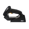 Side profile of the black Star Micronics BSH-32B Bluetooth barcode scanner seated horizontally in its charging cradle.