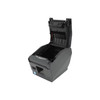 Three-quarter view of the dark gray Star Micronics TSP743II thermal printer with its top cover open showing the empty internal paper bay.