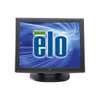 Front view of the Elo 1515L 15-inch dark gray touchscreen monitor sitting on its desktop stand, displaying a blue background with the Elo logo.