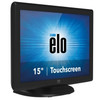 Close-up angle of the dark gray Elo 1515L 15-inch LCD touchscreen monitor displaying the Elo logo on a blue background.