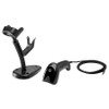 Black HP Engage One handheld barcode scanner with coiled USB cable lying beside its matching hands-free stand on a white background.