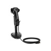 Rear view of the black HP Engage One barcode scanner resting securely in its desk stand with the USB cable extended.