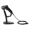 Side view of the black HP Engage One barcode scanner docked in its hands-free stand with connected USB cable.
