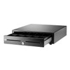 Three-quarter view from the left showing the black HP Standard Duty Cash Drawer pulled open, revealing the internal bill and coin compartments, key lock, dual media slots, and HP logo on a white background.