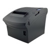 Side perspective of the dark grey BIXOLON SRP-350PLUSIII thermal printer showing the paper exit slot, cover release latch, and side power switch.