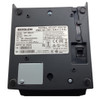 Underside view of the dark grey BIXOLON SRP-350PLUSIII thermal receipt printer showing rubber feet, serial number product label, and cash drawer port.
