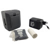 Rear perspective view of the dark grey Extech Mini Serial Printer showing the back casing, alongside the power adapter, paper roll, and packaged ink ribbon.