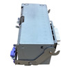 Side view of the power supply enclosure showing the metallic housing, side mounting bracket arm, and purple release clip assembly.