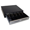 Open black M-S Cash Drawer EP-125NK-M-B showing a stainless steel front face with dual media slots and an extended till tray featuring 5 bill compartments with wire hold-downs and 5 coin slots.