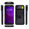 Multi-angle views of a black Datalogic Memor 17 full-touch Android PDA showing the front touchscreen, back panel with camera and laser scanner, side profiles with blue scan buttons, top scanner engine, and bottom charging contacts.