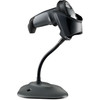 Zebra LI2208 1D barcode scanner resting in an adjustable hands-free gooseneck Intellistand on a clean white background.