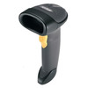 Zebra LS2208 1D handheld laser barcode scanner in dark gray with a yellow trigger, standing upright on a white background.