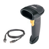 Zebra LS2208 handheld barcode scanner with yellow trigger shown alongside a coiled black USB cable on a white background.