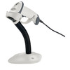 Zebra LS2208 white handheld barcode scanner mounted on an adjustable hands-free gooseneck stand with the USB interface cable attached.