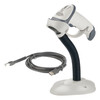 Zebra LS2208 barcode scanner in cash register white resting in a flexible gooseneck Intellistand, alongside a coiled grey USB connection cable.