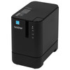 Angled side view of the compact, black Brother P-touch P900W desktop label printer.