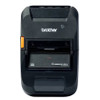 Direct front view of the black Brother RuggedJet RJ-3250WB mobile printer showing the paper exit, orange latch, and clear media window.