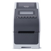 Direct front view of the two-tone gray and white Brother TD-2350D desktop label printer displaying the LCD screen, control buttons, and front paper slot.