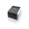 Angled front-right view of the Brother TD-4420DN network label printer highlighting the top control buttons and sleek design.