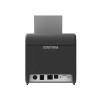 Low-angle side view of the Custom America P3L POS thermal receipt printer displaying its sleek, cube-style housing and top paper outlet.