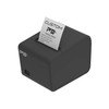 Three-quarter high-angle view of the black Custom America P3L thermal receipt printer dispensing a printed test receipt from the top exit slot.