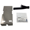 Metal mounting bracket kit including a stainless steel bracket, black adjustable hook-and-loop strap, and a clear plastic bag with mounting hardware labeled "4 EACH KIT-803001801".