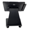 Rear view of the black Elo touchscreen terminal and mounting stand highlighting the Elo logo, VESA mount attachment, and side card reader profile.