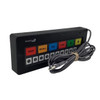 Front perspective view of a black Bematech Logic Controls KB1700 kitchen display bump bar featuring color-coded keys and a bundled USB cable.