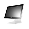 Front angled view of the white POSBANK APEXA G 15-inch all-in-one touchscreen POS terminal mounted on its desktop base stand.