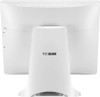 Direct rear view of the white POSBANK APEXA G POS terminal featuring the POSBANK logo printed on the back of the desktop stand pillar.