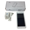 PAX A77 mobile smart POS terminal package contents, featuring the retail box, white payment terminal, wrapped power adapter, and coiled USB charging cable.