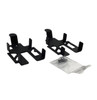 Perspective view of the Logic Controls KB17WMBR-BK black left and right mounting brackets shown alongside a small plastic bag containing black installation screws.